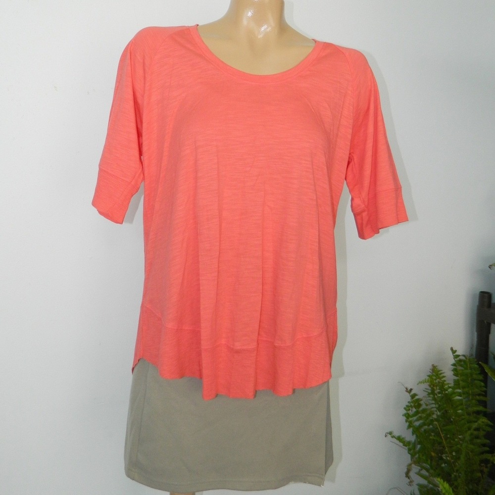 Lilla P Slub Knit Top Womens Medium Coral Orange Pima Blend Curved Ribbed Hem